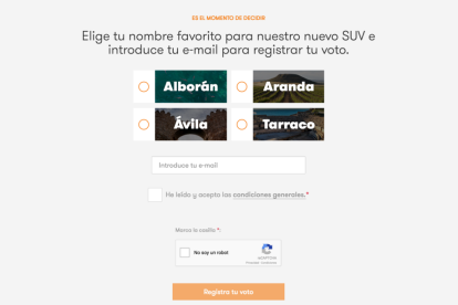 Pantalla de la página de votación del nombre del vehículo.