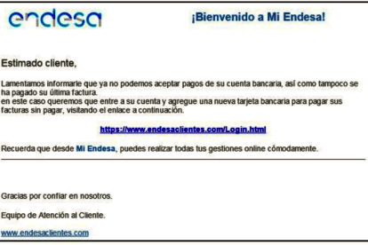 Imatge del correu fraudulent que suplanta Endesa per robar dades bancàries.