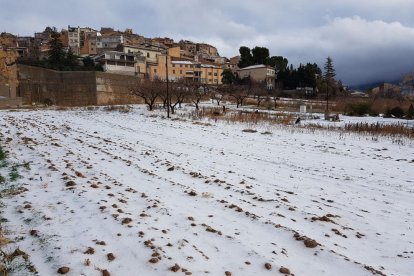 Imatge d'Horta de Sant Joan, amb el terra cobert de pedra, l'endemà de la pedregada