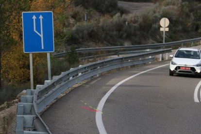 Imatge de les marques deixades pels investigadors dels Mossos d'Esquadra al lloc de l'accident, a la C-12 a l'altura del terme de Benifallet.