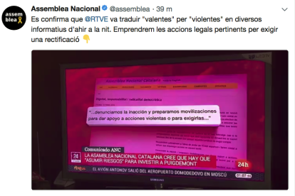 L'ANC acompanya la piulada d'un vídeo de la notícia emesa al canal '24 horas' de RTVE.