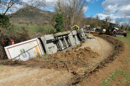 Imatge del camió caigut al canal de reg.