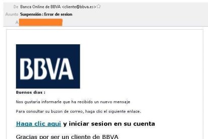 Ejemplo de estafa bajo el nombre de BBVA.