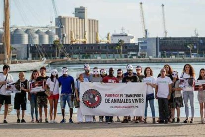 Imatge de la concentració en contra dels transport d'animals vius al Port de Tarragona.