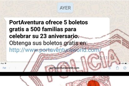 La falsa promoció explica que es regalen entrades al parc temàtic per 500 famílies.