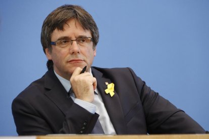 L'expresident de la Generalitat Carles Puigdemont durant la roda de premsa al Haus der Bundespresekonferenz (Berlín) aquest dimecres 25 de juliol de 2018.