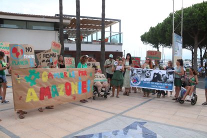 Pla general dels manifestant durant la lectura del manifest per defensar l'Amazònia al final de la protesta organitzada a Cambrils. Imatge de l'1 de setembre del 2019 (Horitzontal).