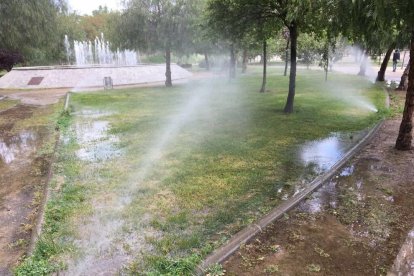 Los aspersores en marcha en el Parc Francolí.