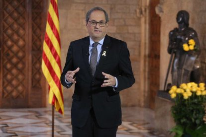 El presidente de la Generalitat, Quim Torra, durante la declaración institucional con motivo de Sant Jordi.