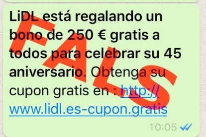 Los usuarios reciben un mensaje de Whatsapp que suplanta a Lidl.