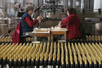 Dues treballadores embolicant ampolles de cava per la campanya de Nadal.