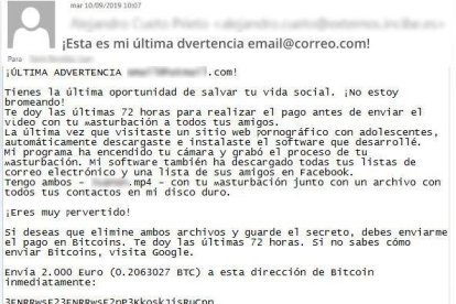 Imatge del correu enviat per extorsionar.