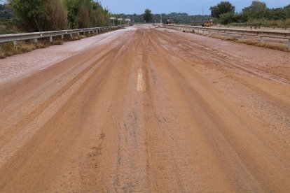 La C-12 totalment enfangada a causa de l'episodi de pluges, entre Tortosa i Amposta.