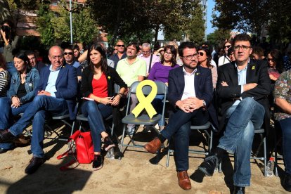 D'esquerra a dreta: el conseller d'Ensenyament Josep Bargalló, la diputada Marta Vilalta i el vicepresident Pere Aragonès.