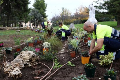 Operarios plantando las flores en el Camp de Mart.