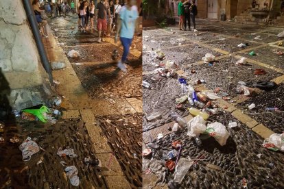 Imatges de l'estat del carrer Major i la plaça de les Cols després de l'acte.