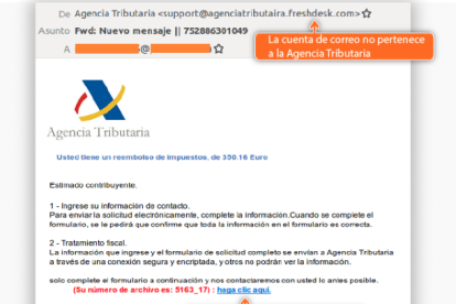 Los usuarios reciben un correo electrónico fraudulento en su buzón.