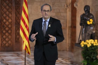 El presidente de la Generalitat, Quim Torra, durante la declaración institucional con motivo de Sant Jordi.