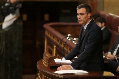 El líder del PSOE y candidato a volver a ser investido presidente del gobierno español, Pedro Sánchez, en el Congreso durante el debate.