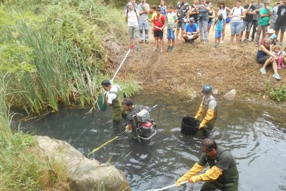 Ll'equip forestal dins el riu Siurana i de públic assistent en un taller organitzat per la Plataforma pel Siurana sobre la diversitat dels peixos del riu.