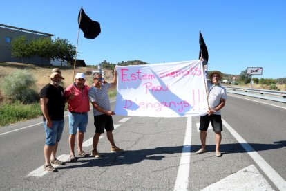 Pla general de manifestants amb una pancarta en el tall de carretera de la C-12 a Flix per reclamar que es quantifiquin les ajudes per als afectats de l'incendi de la Ribera d'Ebre. Imatge del 28 de juliol del 2019 (Horitzontal).