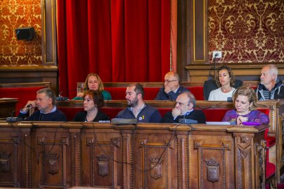 Regidors del govern i dels grups de l'oposició d'ERC, la CUP i ICV, en la sessió d'ahir.