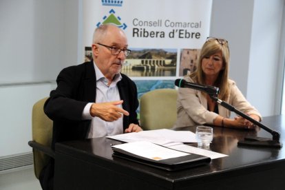 Pla mitjà del Síndic de Greuges, Rafel Ribó, i la presidenta del Consell Comarcal de la Ribera d'Ebre, Gemma Carim, en la reunió sobre els plans PENTA.