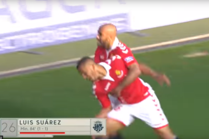 Els jugadors del Nàstic celebren el gol de Luis Suárez