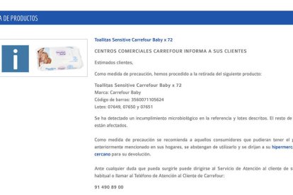 Mensaje a la web corporativa de Carrefour anunciando la retirada delproducte.