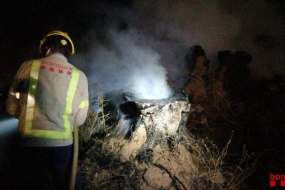 Un efectiu dels Bombers de la Generalitat treballant en l'extinció de l'incendi d'ahir a Gandesa