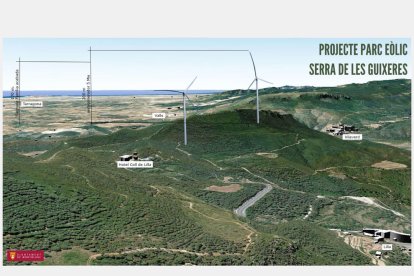 Plano general de una imagen cedida por el Ayuntamiento de Montblanc donde se muestra en qué punto el anteproyecto tiene previsto ubicar los aerogeneradores.