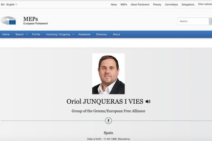 Perfil de l'eurodiputat Oriol Junqueras a la pàgina web de l'Eurocambra, el 7 de gener del 2020.