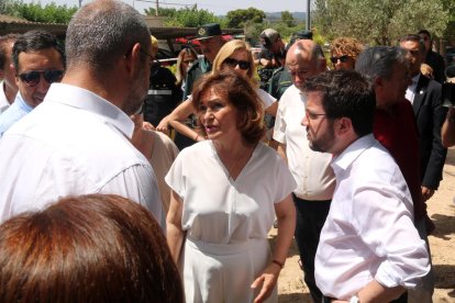 El vicepresident del Govern, Pere Aragonès, el conseller d'Interior, Miquel Buch, i la vicepresidenta del govern espanyol, Carmen Calvo.