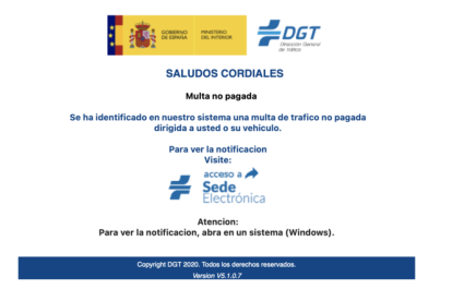 Una d eles versions del correu de l'estafa que siuplanta la DGT.