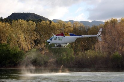 Plano general de un helicóptero vaciando la carga de insecticida biológico BTI en el río Ebro, a la altura del azud de Xerta (Baix Ebre), contra la mosca negra.