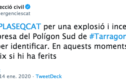 Primer tuit de Protección Civil confirmando que se trataba de una explosión de una empresa química.