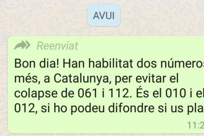 Imatge del missatge fals que reclama que Protecció Civil reclama que no es difongui.