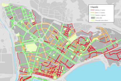 El mapa del centre de Tarragona en el qual el geògraf analitza l'amplada de les voreres i els carrers per a vianants.