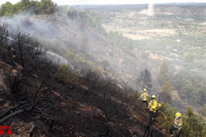 Dos bomberos durante las tareas de extinción.