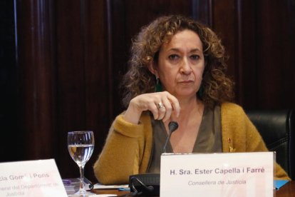 Plano medio de la consellera de Justicia, Ester Capella, compareciendo en comisión en el Parlament.