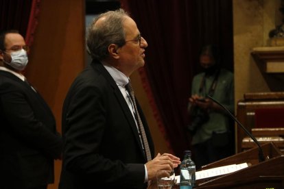 El presidente inhabilidad Quim Torra en un momento de la intervención en Parlament.