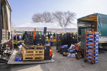 Imagen de cajas de plástico y cartón a un puesto de fruta y alimentación del mercadet de Bonavista de la jornada de ayer.