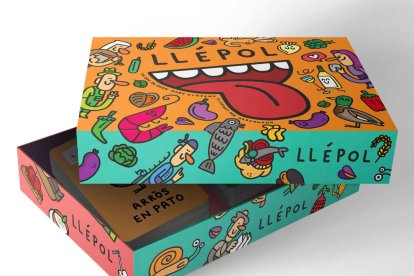 La caja del juego Llépol que ultiman al ilustrador Hernan en H y el diseñador Joan Marc Clofent y que reivindica expresiones y gastronomía ebrense.