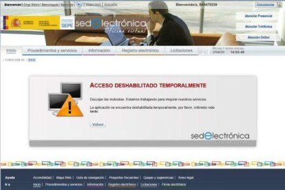 Captura de pantalla de la pàgina web del SEPE, temporalment fora de servei