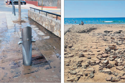 A l'esquerra la dutxa on els banyistes es renten els peus en tornar de la platja. A la dreta, l'accés a la Llarga de Cala Romana.