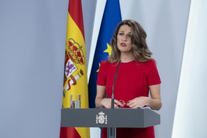 La ministra de Trabajo y Economía Social, Yolanda Díaz, en una rueda de prensa en La Moncloa.