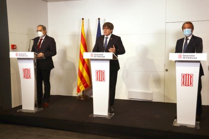 Els expresidents de la Generalitat, Artur Mas, Carles Puigdemont i Quim Torra, en una roda de premsa a Perpinyà