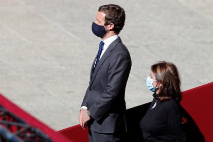 Pablo Casado, líder del PP, durante la celebración dela Fiesta Nacional en Madrid.