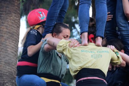 Pla tancat de diverses components dels Castellers de Vilafranca aixecant un castell en un assaig de la colla.