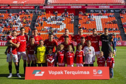 Los futbolistas del Nàstic que jugaron de inicio durante el partido disputado contra el Ebro en el Nou Estadi la pasada temporada.